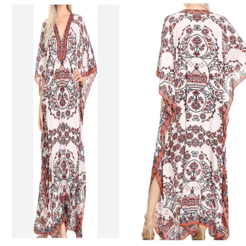 Sakkas Georgettina Flowy Rhinestone V Neck Long Caftan Dress/Cover Up  OS NEW